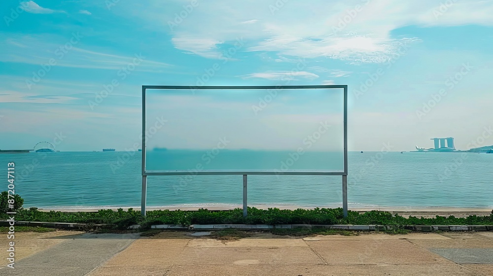A large empty billboard is sitting on the beach. A large empty billboard is sitting on the beach.
