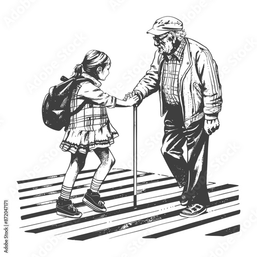little girl helps the senior citizen man cross the street with engraving style