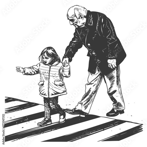 little girl helps the senior citizen man cross the street with engraving style