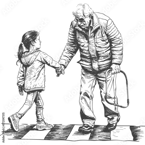 little girl helps the senior citizen man cross the street with engraving style