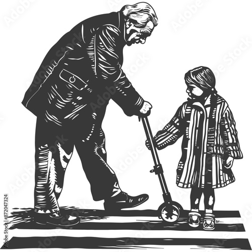 little girl helps the senior citizen man cross the street with engraving style