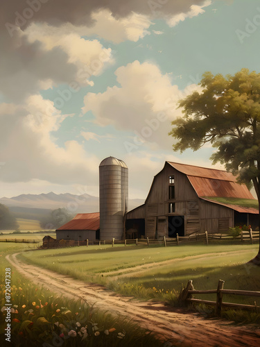 Vintage Farm Landscape Watercolor Illustration Art	 photo