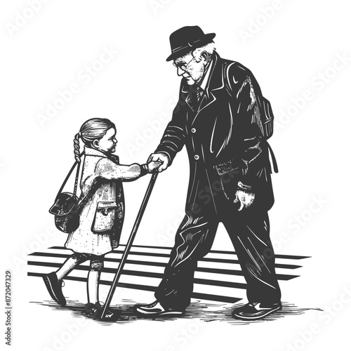 little girl helps the senior citizen man cross the street with engraving style
