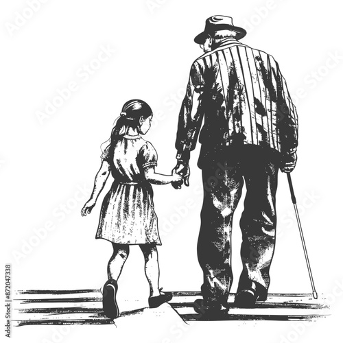 little girl helps the senior citizen man cross the street with engraving style