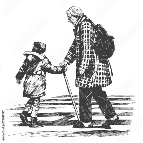 little girl helps the senior citizen man cross the street with engraving style