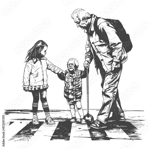 little girl helps the senior citizen man cross the street with engraving style