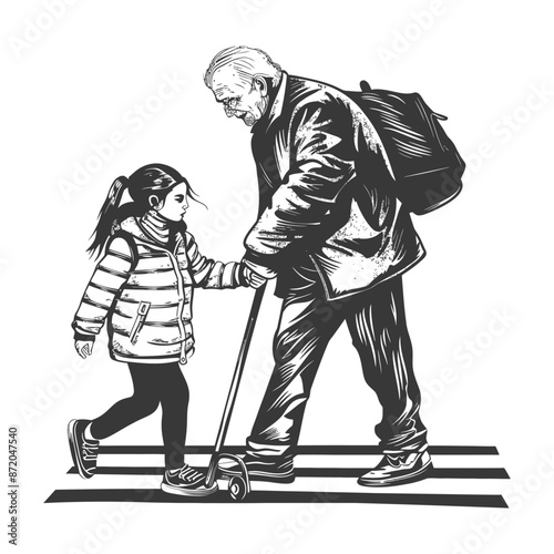 little girl helps the senior citizen man cross the street with engraving style