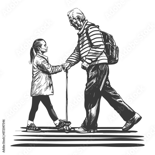 little girl helps the senior citizen man cross the street with engraving style