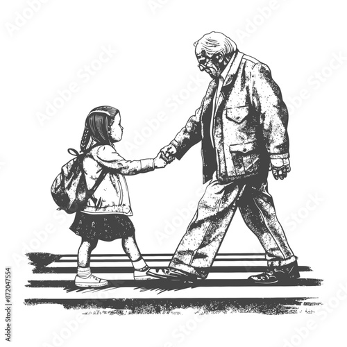 little girl helps the senior citizen man cross the street with engraving style