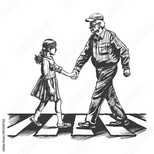 little girl helps the senior citizen man cross the street with engraving style