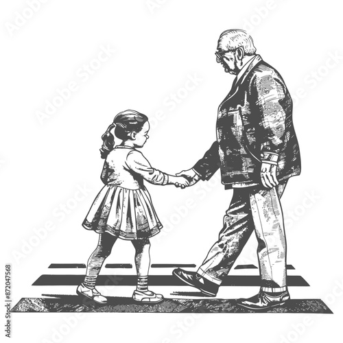 little girl helps the senior citizen man cross the street with engraving style