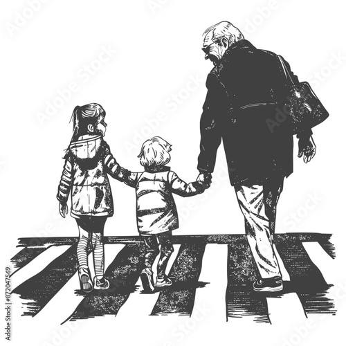 little girl helps the senior citizen man cross the street with engraving style