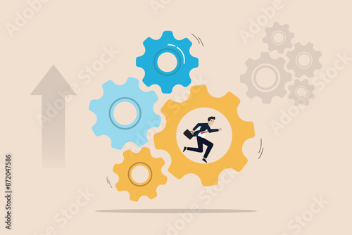 Running a new business, adjustments to increase efficiency or productivity, improving performance concept, businessman running on the gears of the wheel.