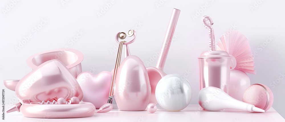 Pink balloons, heart, and other objects on a white background. Pink balloons, heart, and other objects on a white background.