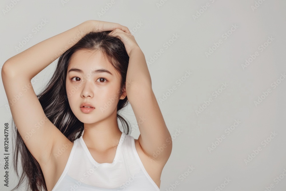 Asian woman isolated on white background, beautiful girl shaven smooth armpits. Skincare. Face touching healthy facial skin portrait. Asian girl model with natural makeup glowing hydrated skin Asian woman isolated on white background, beautiful girl shaven smooth armpits. Skincare. Face touching healthy facial skin portrait. Asian girl model with natural makeup glowing hydrated skin