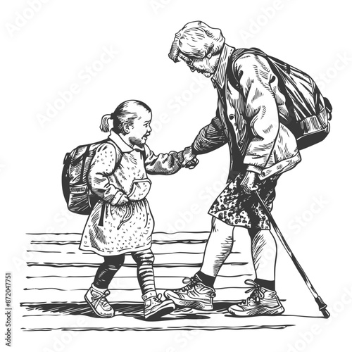 little girl helps the senior citizen woman cross the street with engraving style