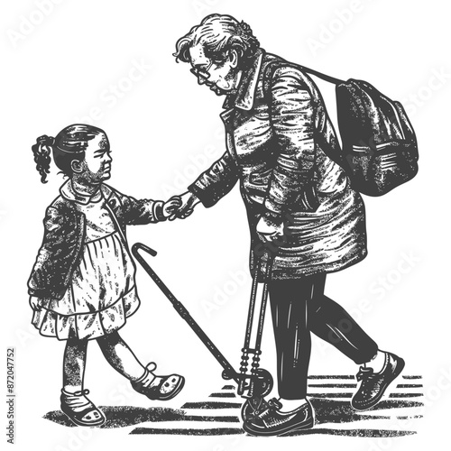 little girl helps the senior citizen woman cross the street with engraving style