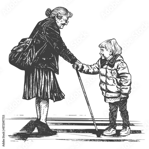little girl helps the senior citizen woman cross the street with engraving style