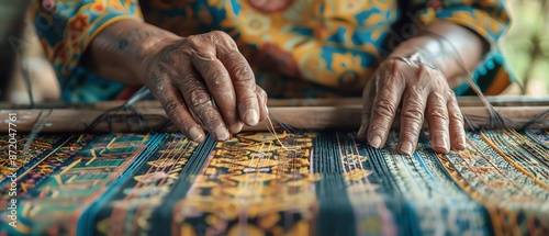 Artisans hands skillfully interlacing threads to form fabric, Weave Interlace, Precision and artistry in weaving photo