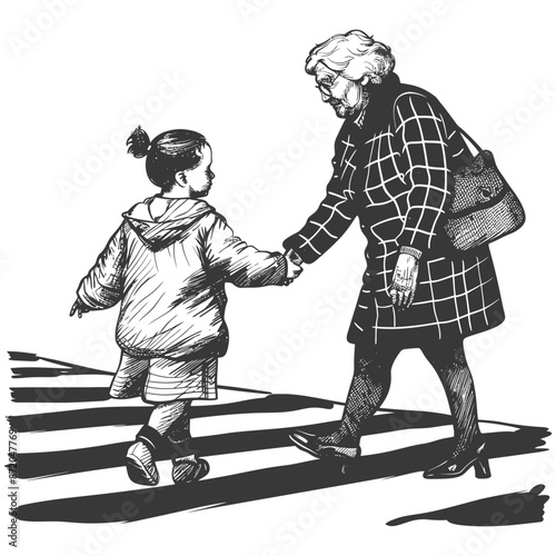 little girl helps the senior citizen woman cross the street with engraving style