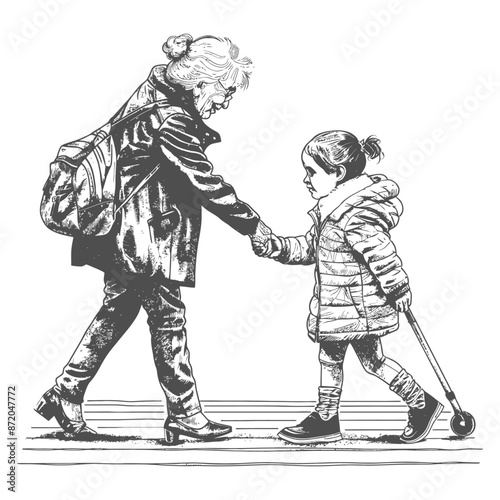 little girl helps the senior citizen woman cross the street with engraving style