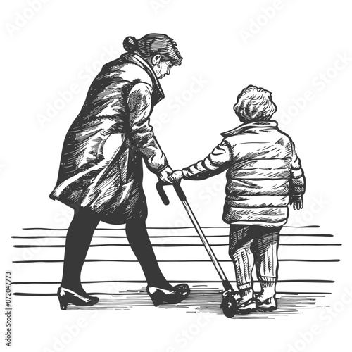 little girl helps the senior citizen woman cross the street with engraving style