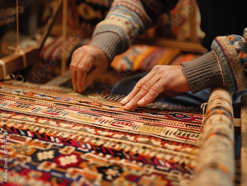 Skilled weaver creating a detailed pattern on a loom, Weave Skill, Mastery and dedication in traditional crafts
