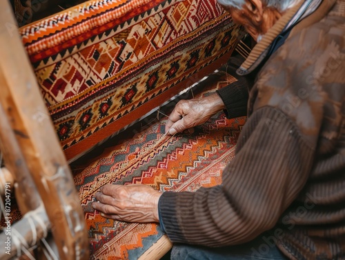 Skilled weaver creating a detailed pattern on a loom, Weave Skill, Mastery and dedication in traditional crafts
