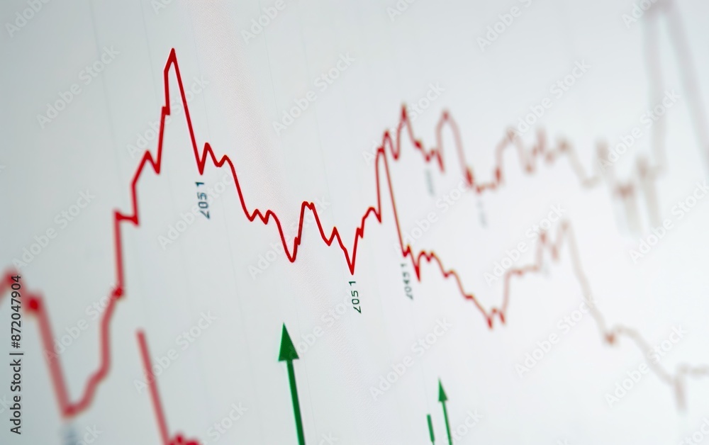 Close-up view of a stock market graph with red and green arrows, highlighting market trends. Close-up view of a stock market graph with red and green arrows, highlighting market trends.
