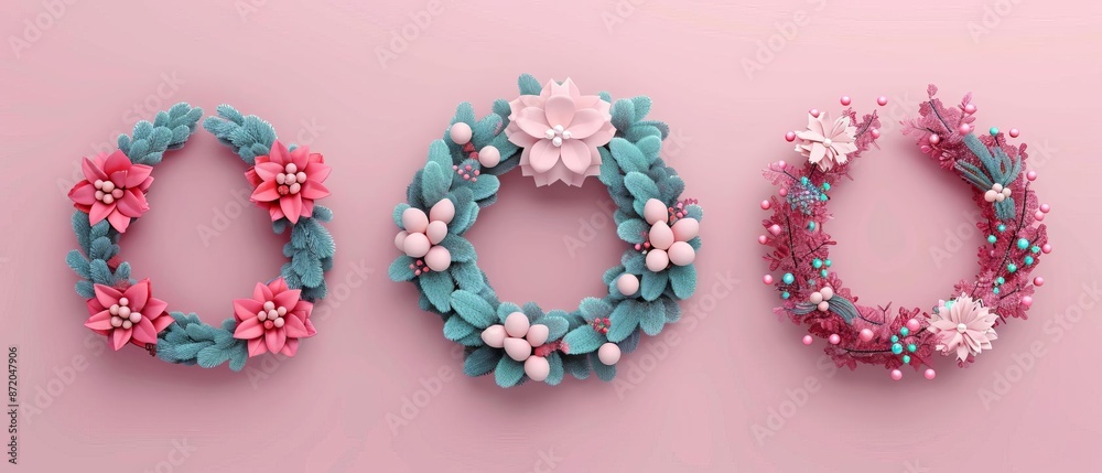 Three colorful wreaths on a pink background. Three colorful wreaths on a pink background.