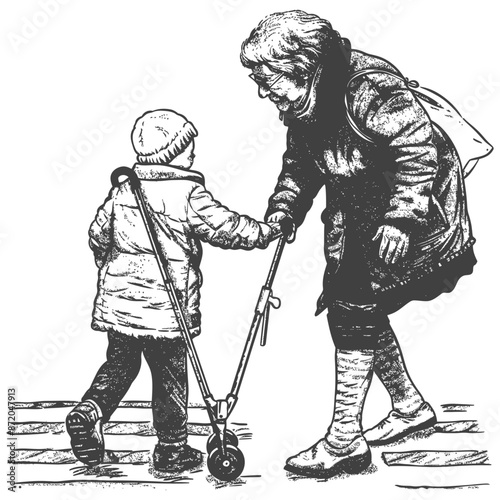 little girl helps the senior citizen woman cross the street with engraving style
