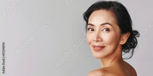 Beautiful middle aged asian woman with perfect skin, portrait of beautiful older model posing for skin care or salon on gray background. Copy space for text