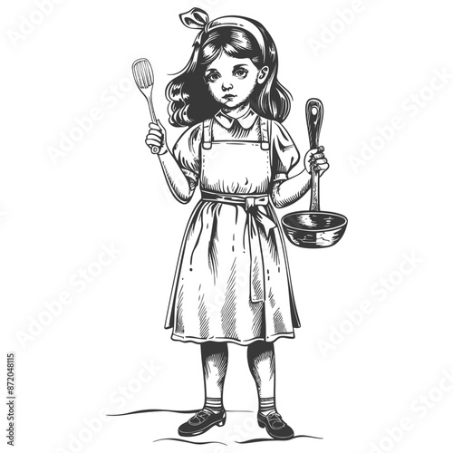 little girl in apron with kitchen utensil with engraving style