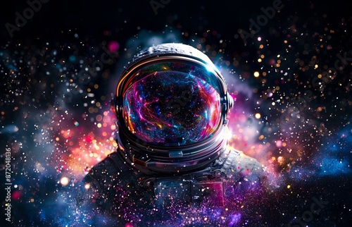 An astronaut helmet, reflecting the swirling galaxies and colorful nebulae of deep space, floats amidst the vast darkness, creating an awe-inspiring cosmic scene.