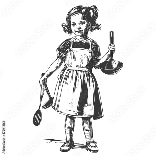 little girl in apron with kitchen utensil with engraving style