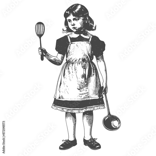 little girl in apron with kitchen utensil with engraving style