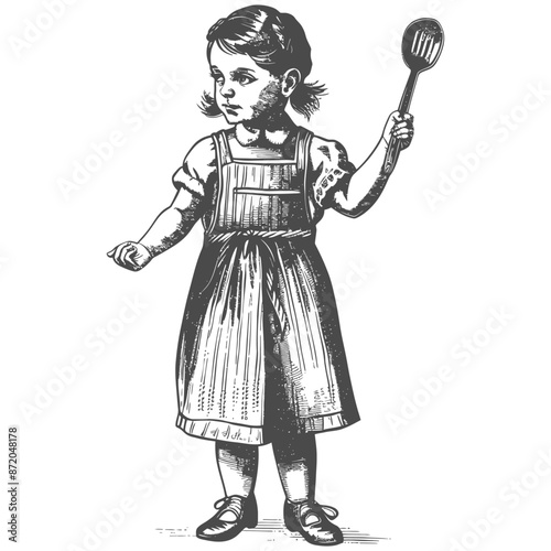 little girl in apron with kitchen utensil with engraving style