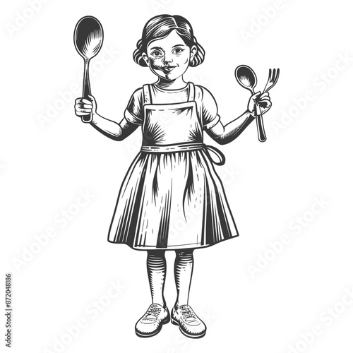 little girl in apron with kitchen utensil with engraving style
