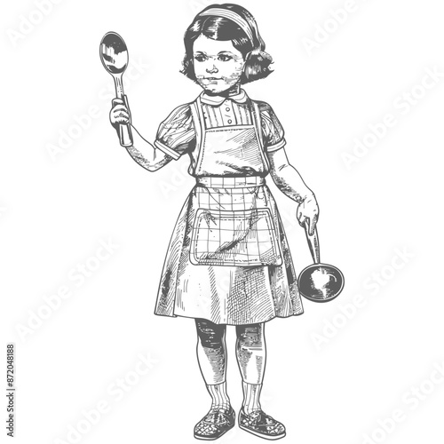 little girl in apron with kitchen utensil with engraving style