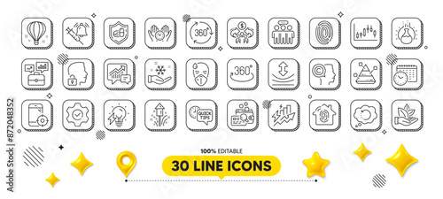 Vaccine announcement, Safe time and Writer line icons pack. 3d design elements. Resilience, 360 degree, Fingerprint web icon. Chemistry experiment, Organic product, Execute pictogram. Vector