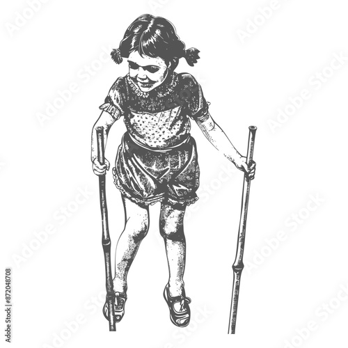 little girl playing traditional bamboo stilts game with engraving style