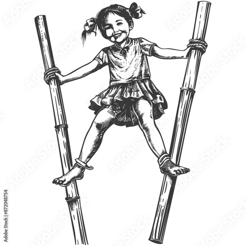 little girl playing traditional bamboo stilts game with engraving style
