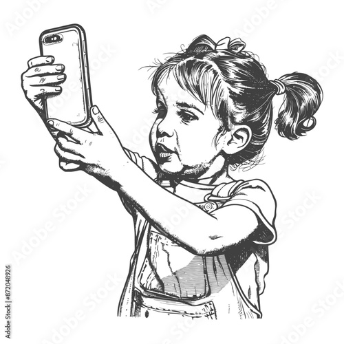 little girl taking selfie photo on smartphone with engraving style