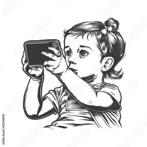 little girl taking selfie photo on smartphone with engraving style