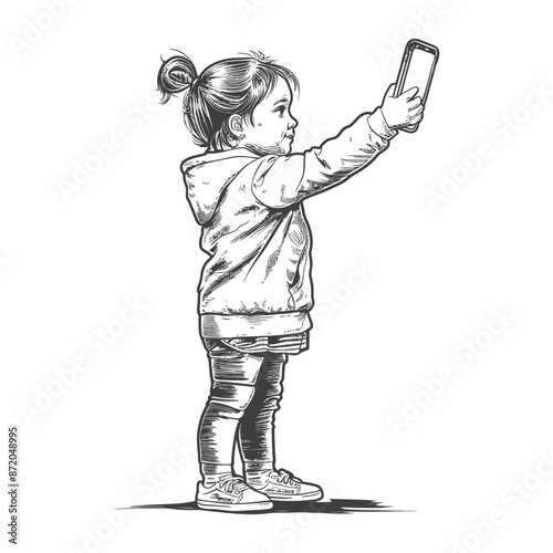 little girl taking selfie photo on smartphone with engraving style