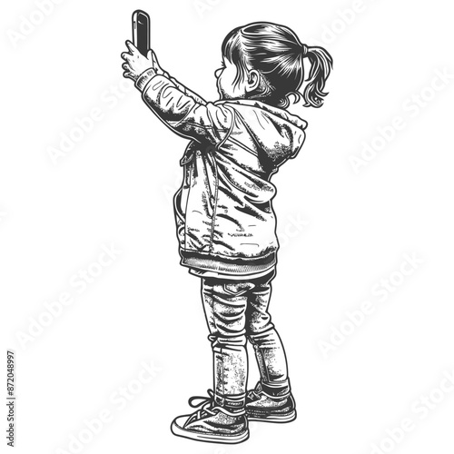 little girl taking selfie photo on smartphone with engraving style