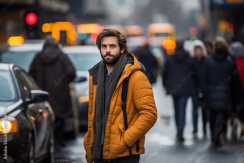 A man in a yellow jacket stands in the rain with a backpack on A man in a yellow jacket stands in the rain with a backpack on