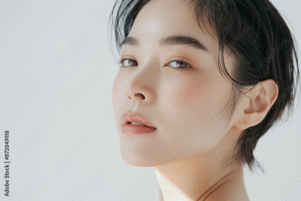 Beautiful young Asian woman practicing skincare. smooth face touches her healthy facial skin. Smiling Asian girl model has natural makeup touches glowing, hydrated skin. Copy space for text Beautiful young Asian woman practicing skincare. smooth face touches her healthy facial skin. Smiling Asian girl model has natural makeup touches glowing, hydrated skin. Copy space for text