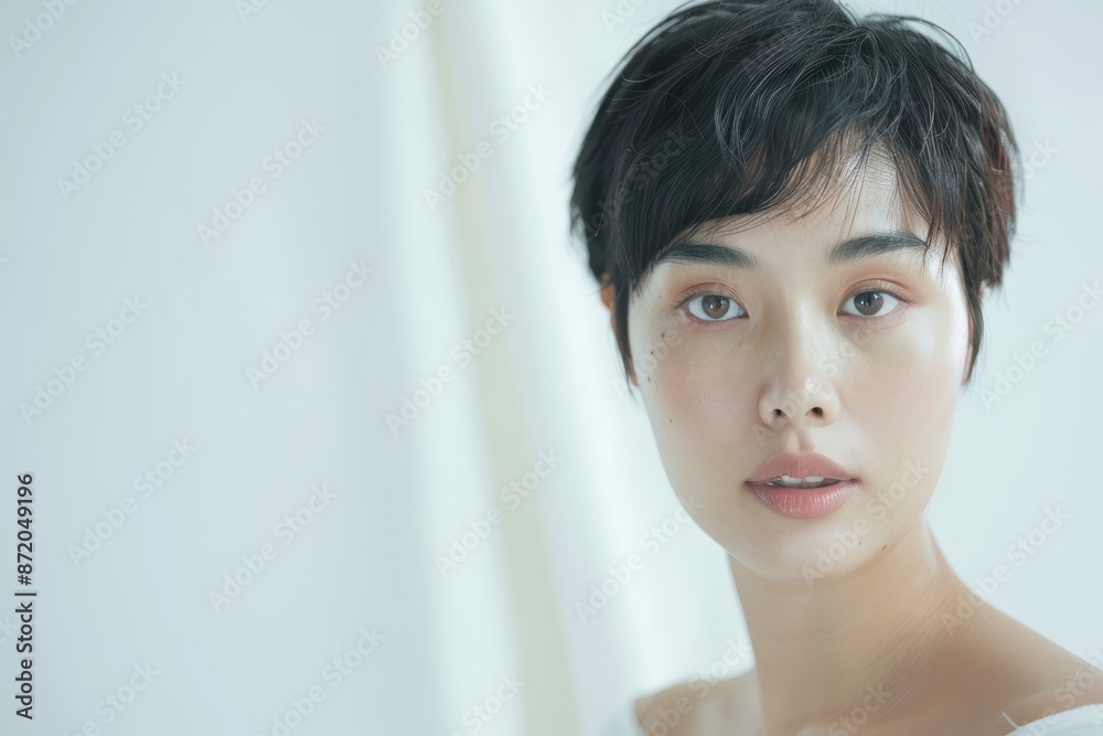 Beautiful young Asian woman practicing skincare. smooth face touches her healthy facial skin. Smiling Asian girl model has natural makeup touches glowing, hydrated skin. Copy space for text Beautiful young Asian woman practicing skincare. smooth face touches her healthy facial skin. Smiling Asian girl model has natural makeup touches glowing, hydrated skin. Copy space for text