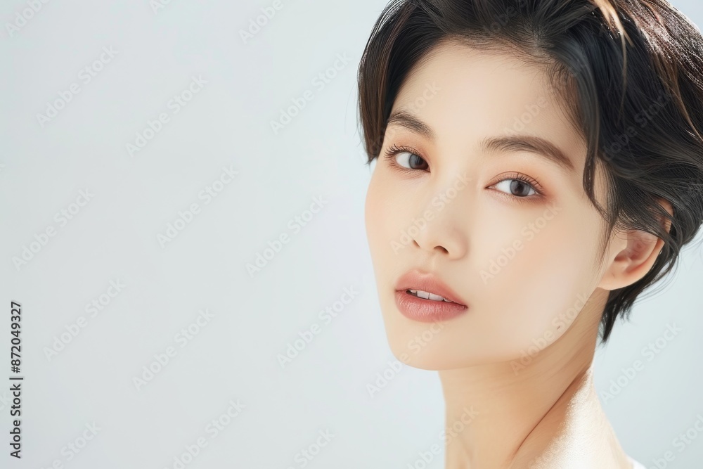 Beautiful young Asian woman practicing skincare. smooth face touches her healthy facial skin. Smiling Asian girl model has natural makeup touches glowing, hydrated skin. Copy space for text Beautiful young Asian woman practicing skincare. smooth face touches her healthy facial skin. Smiling Asian girl model has natural makeup touches glowing, hydrated skin. Copy space for text